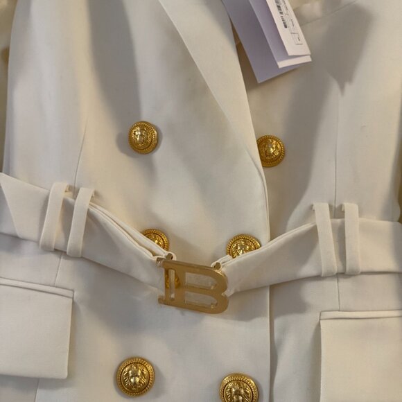 NWT Balmain Wool Jacket Dress Belted Lapel Collar White w/ Embellishments Sz 38 - Picture 8 of 11